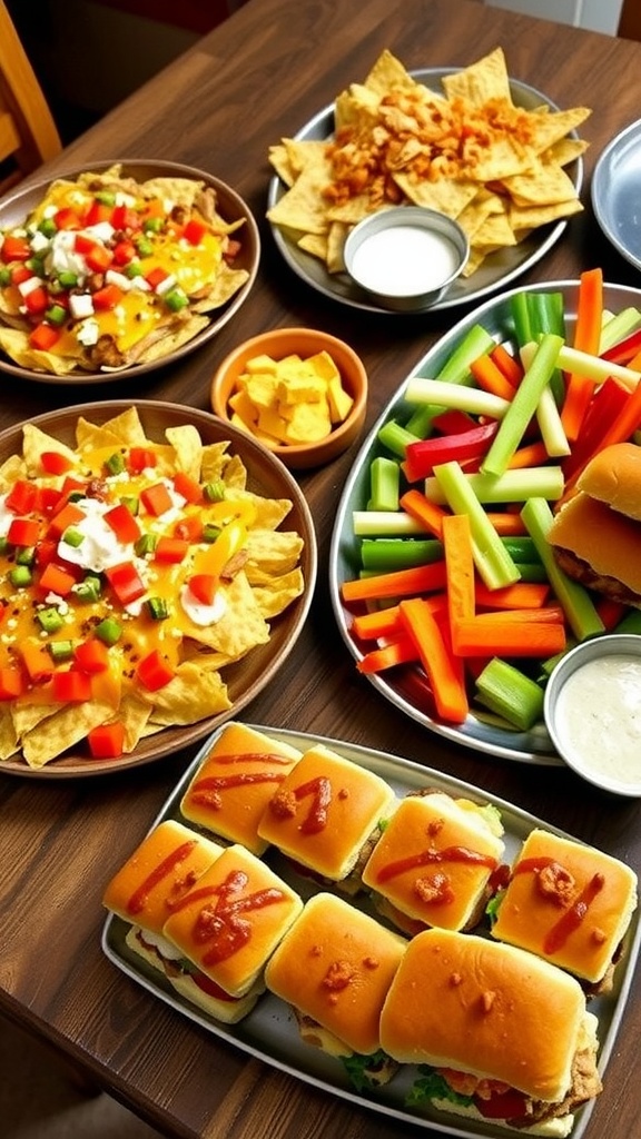 A colorful array of snack dinner items including nachos, fresh veggies, and mini sliders on a dining table.
